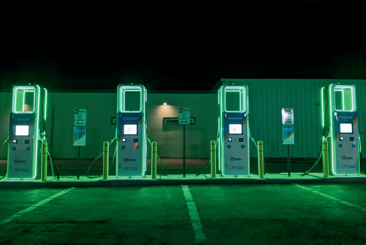 Public EV charging station at night